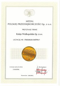 Certyfikat Medal Polskiej Przedsiębiorczości 2015