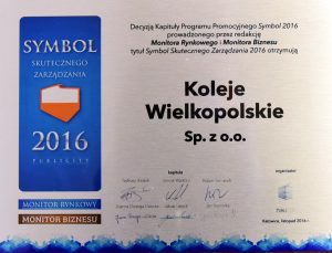 Certyfikat Symbol Skutecznego Zarządzania w ramach nagrody Symbol Publicity 2016